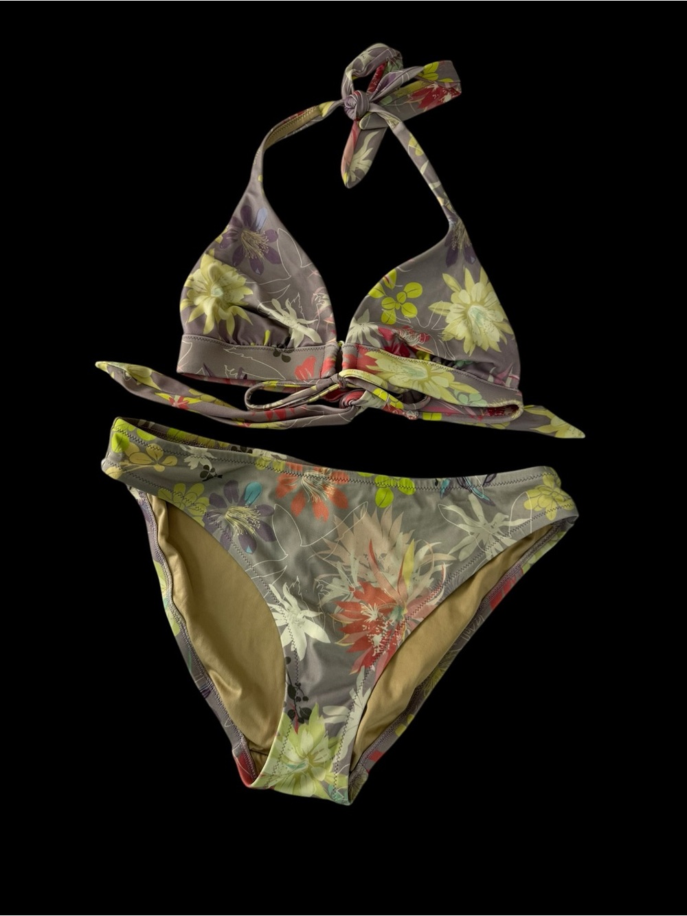 Victoria's Secret Olive and Multicolor Floral Triangle Halter Bikini Top